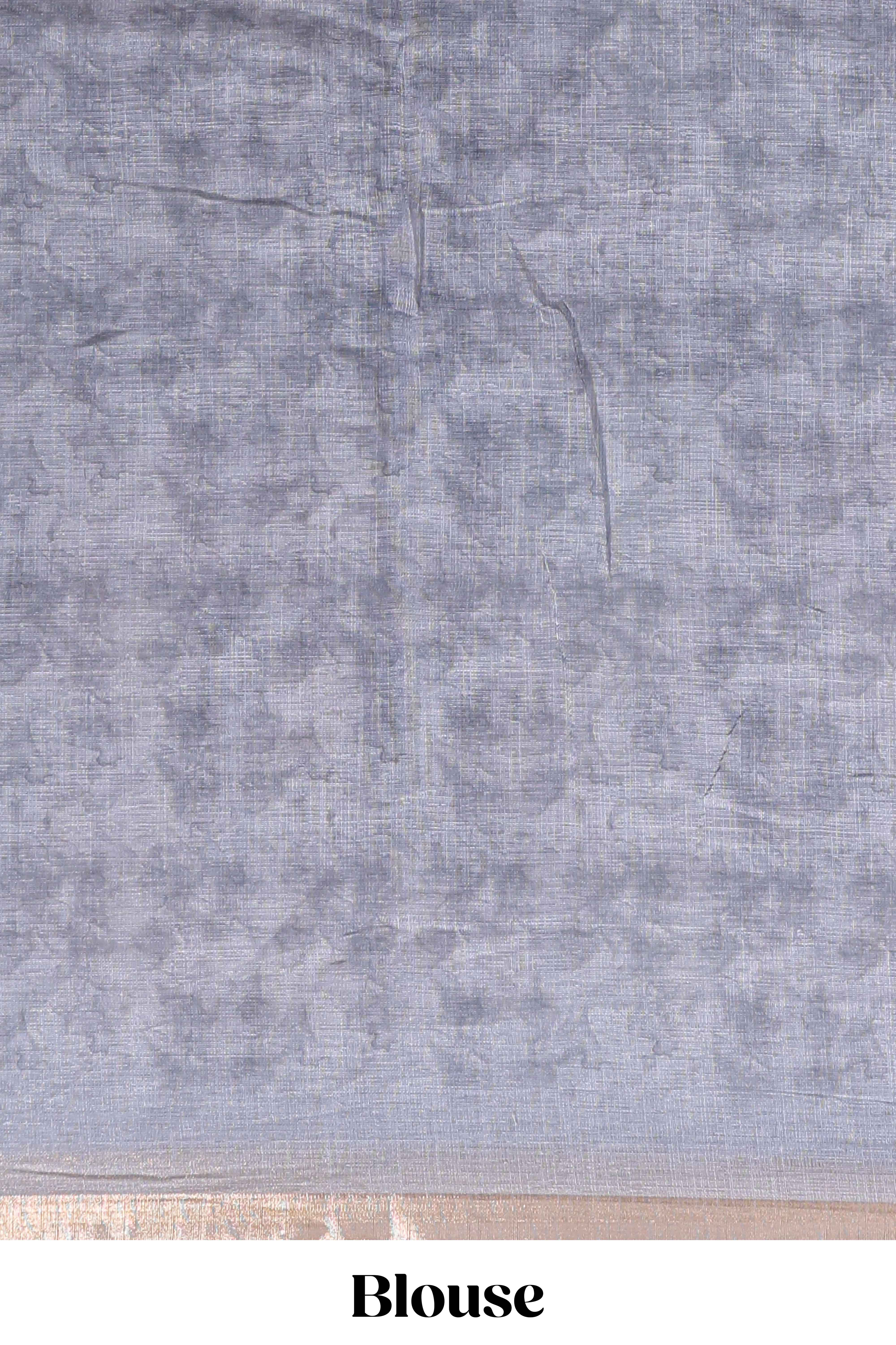 Grey floral design linen cotton saree with self zari border and matching blouse