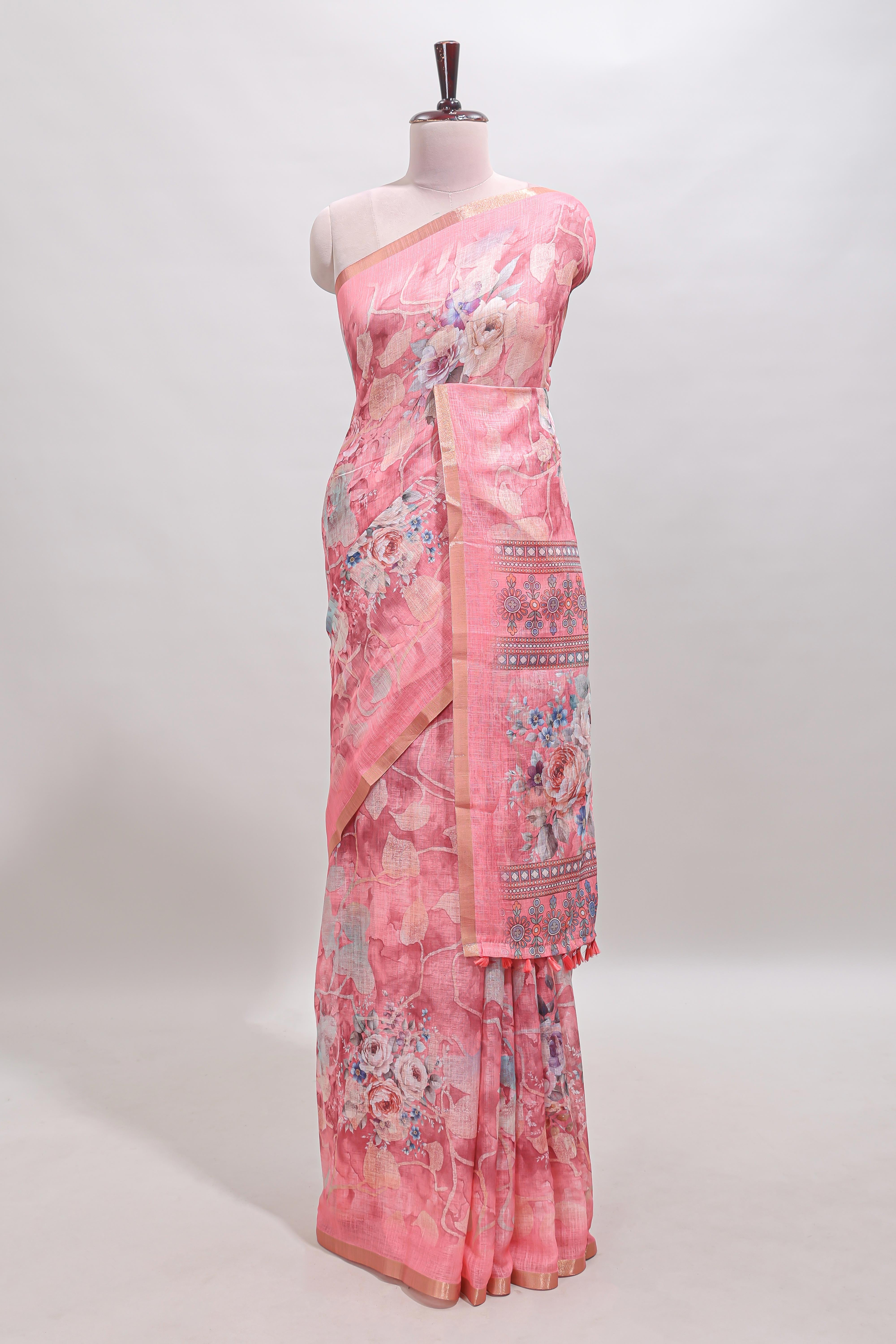 Pink floral design linen cotton saree with self zari border and matching blouse