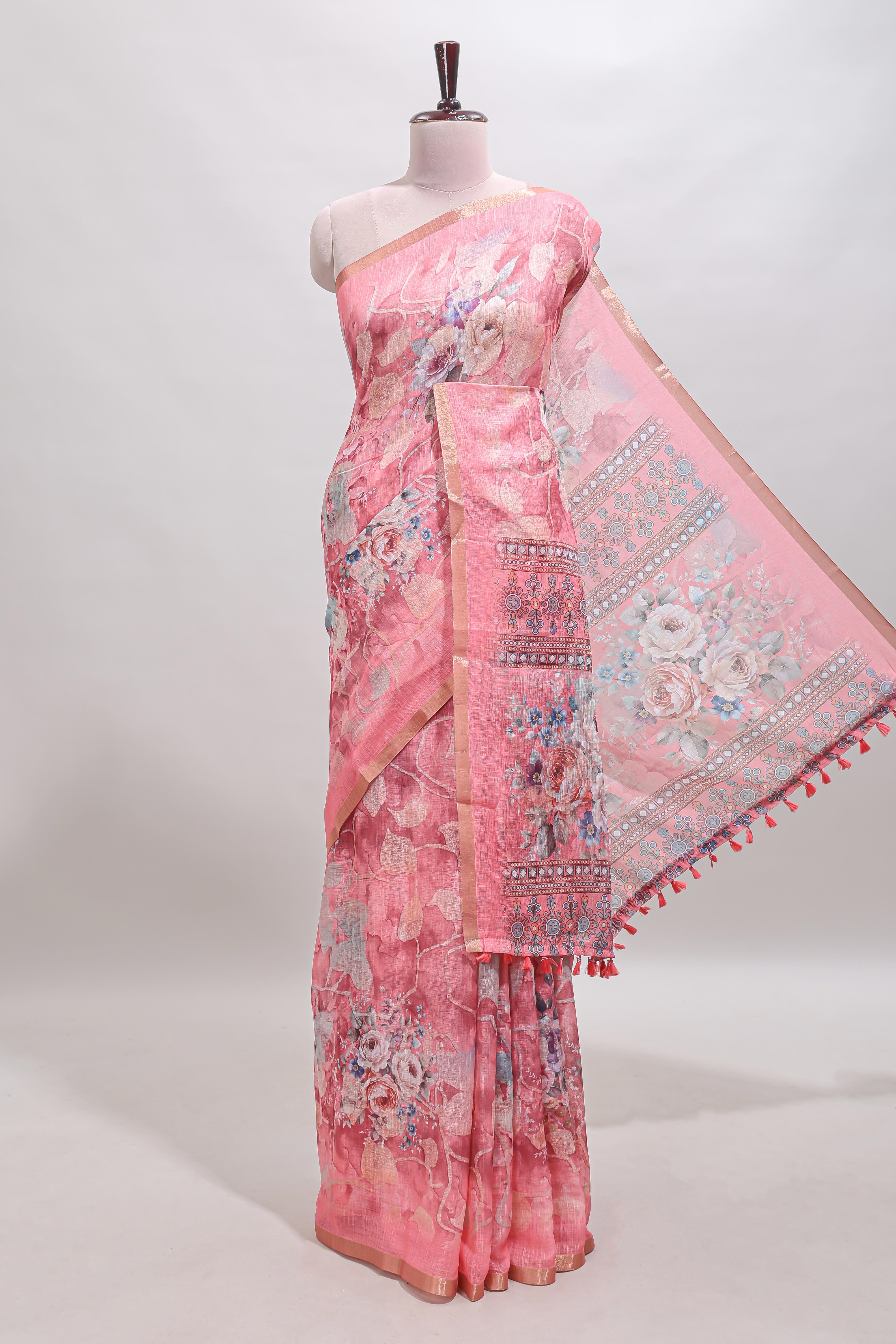 Pink floral design linen cotton saree with self zari border and matching blouse