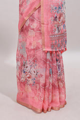 Pink floral design linen cotton saree with self zari border and matching blouse