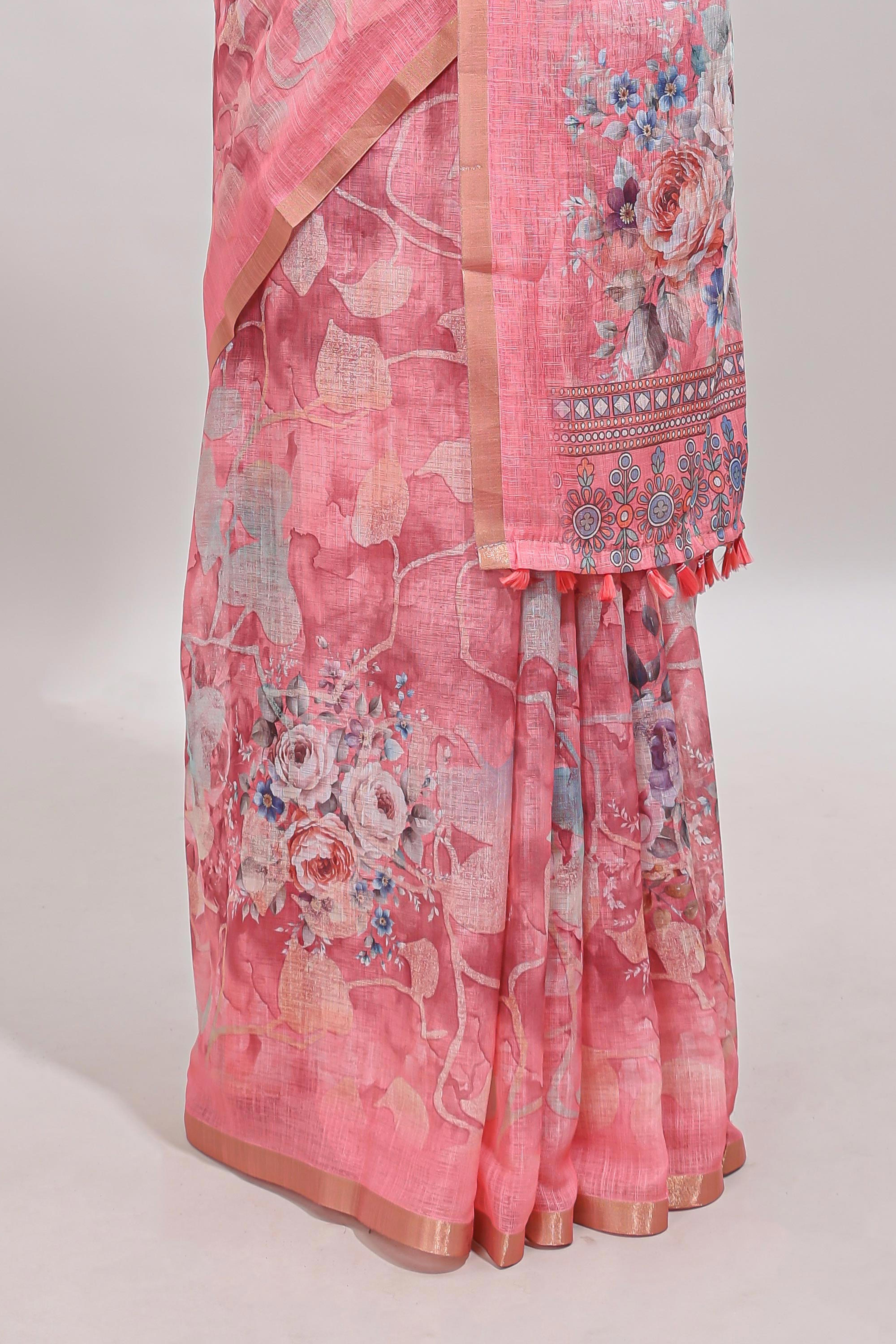 Pink floral design linen cotton saree with self zari border and matching blouse