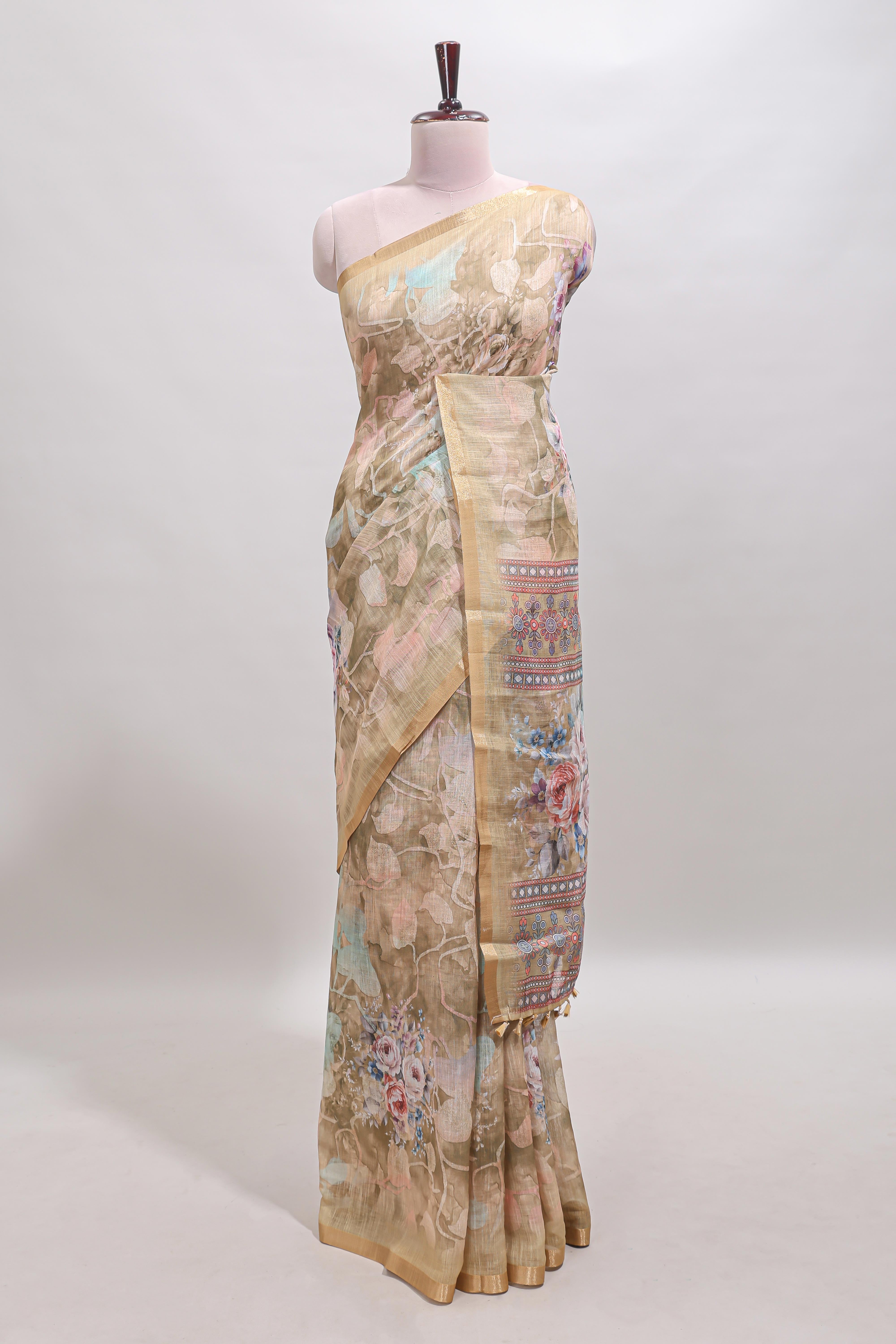 Beige floral design linen cotton saree with self zari border and matching blouse