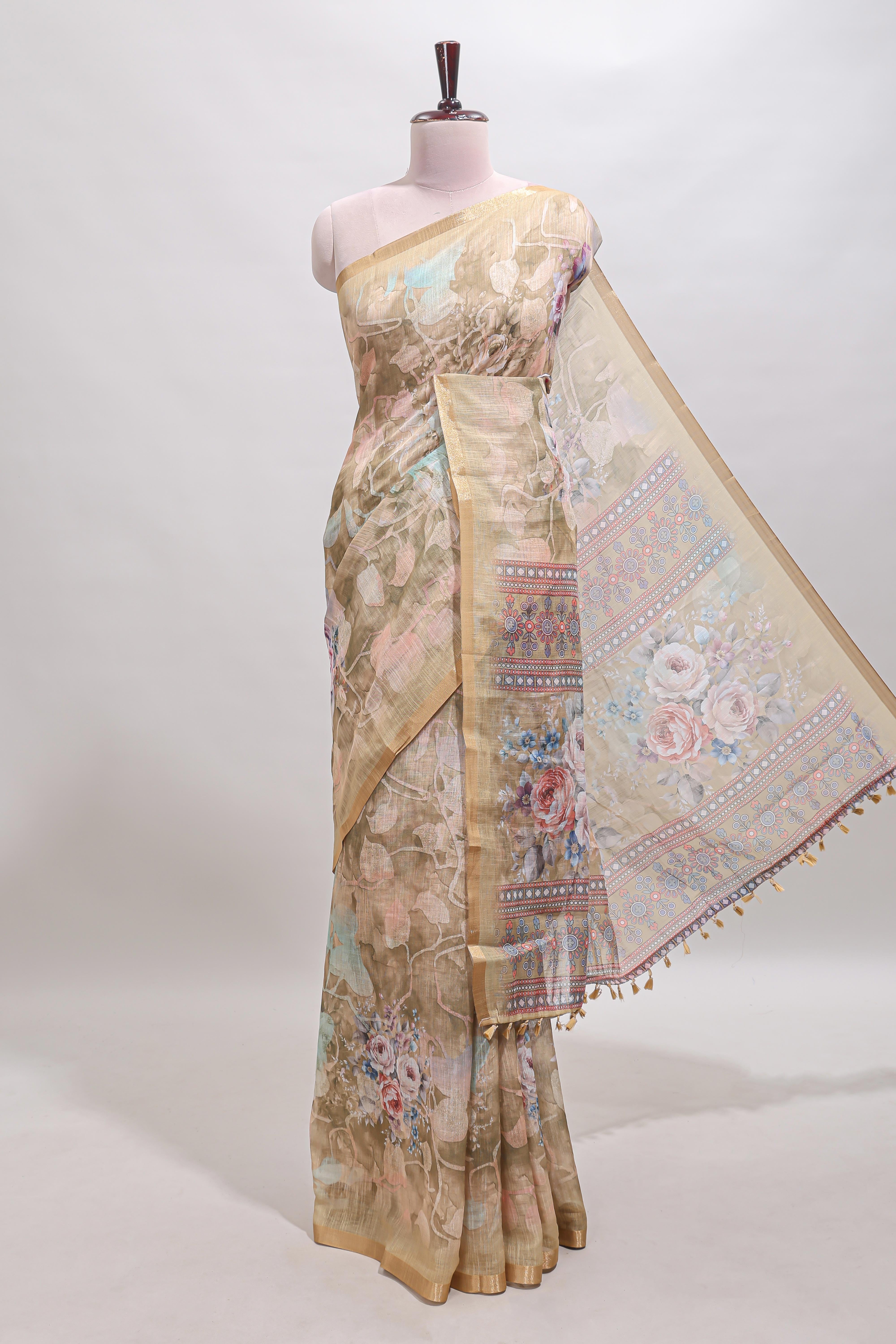 Beige floral design linen cotton saree with self zari border and matching blouse