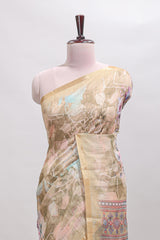 Beige floral design linen cotton saree with self zari border and matching blouse