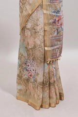 Beige floral design linen cotton saree with self zari border and matching blouse