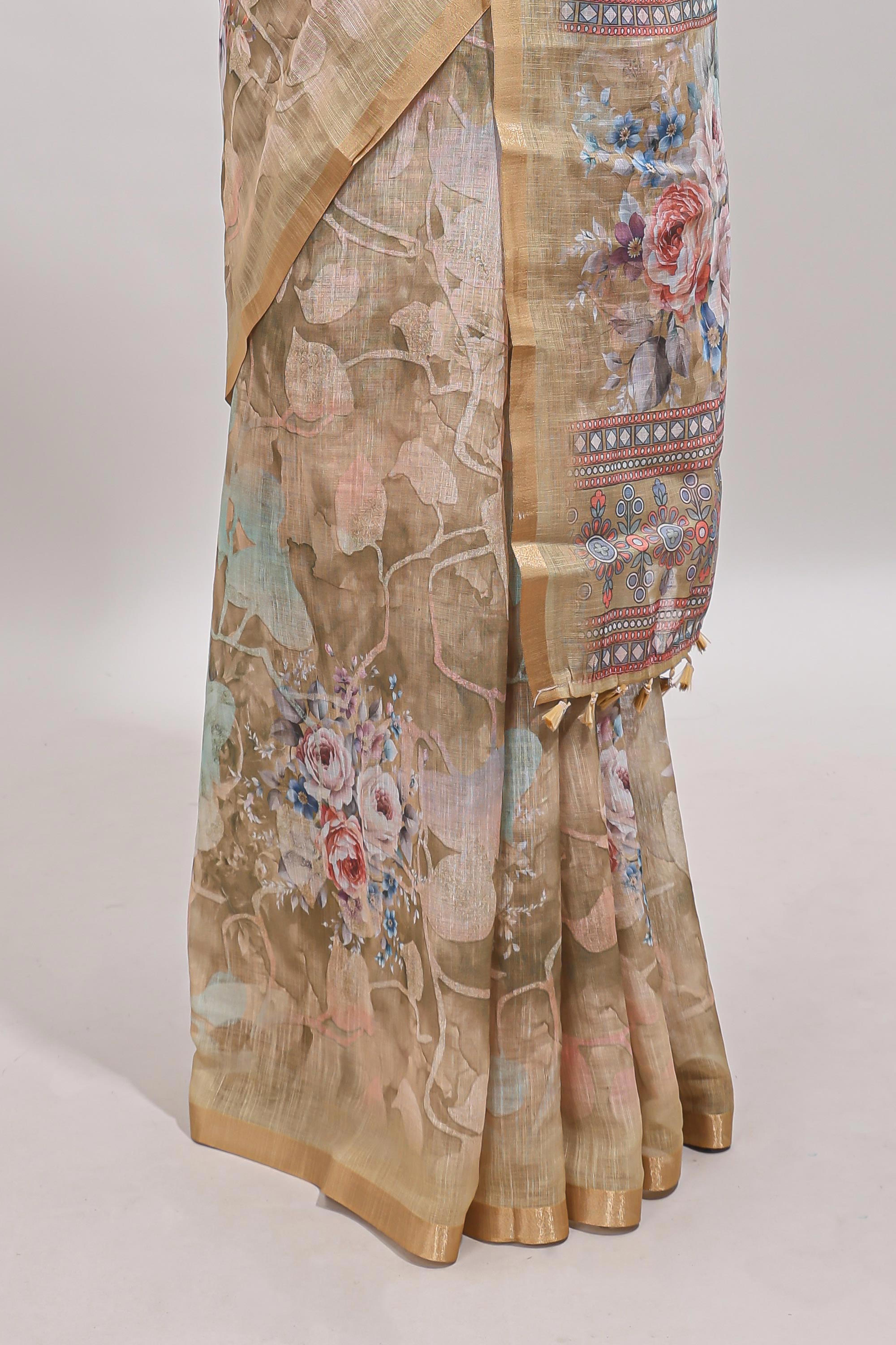 Beige floral design linen cotton saree with self zari border and matching blouse