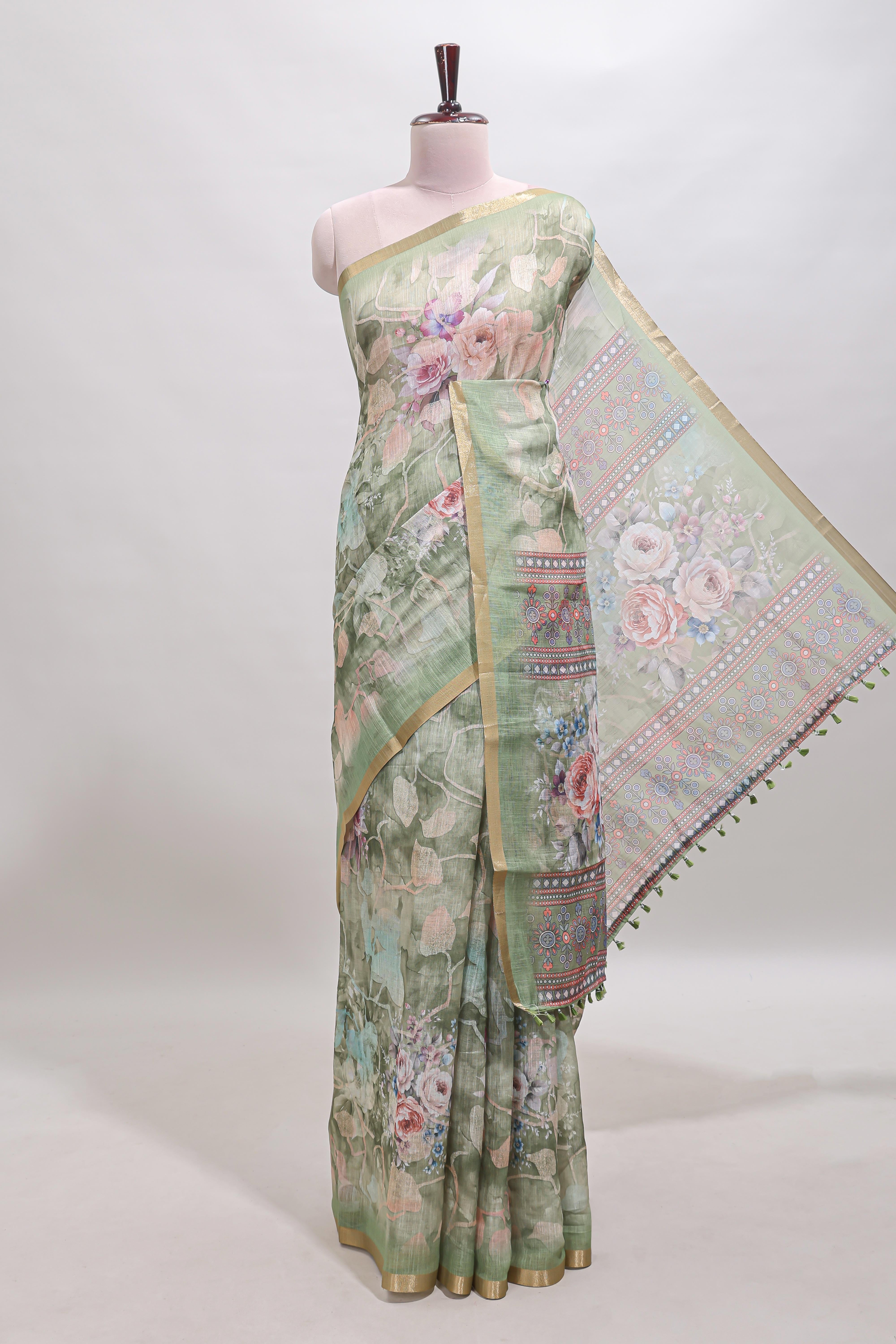 Green floral design linen cotton saree with self zari border and matching blouse