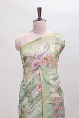 Green floral design linen cotton saree with self zari border and matching blouse
