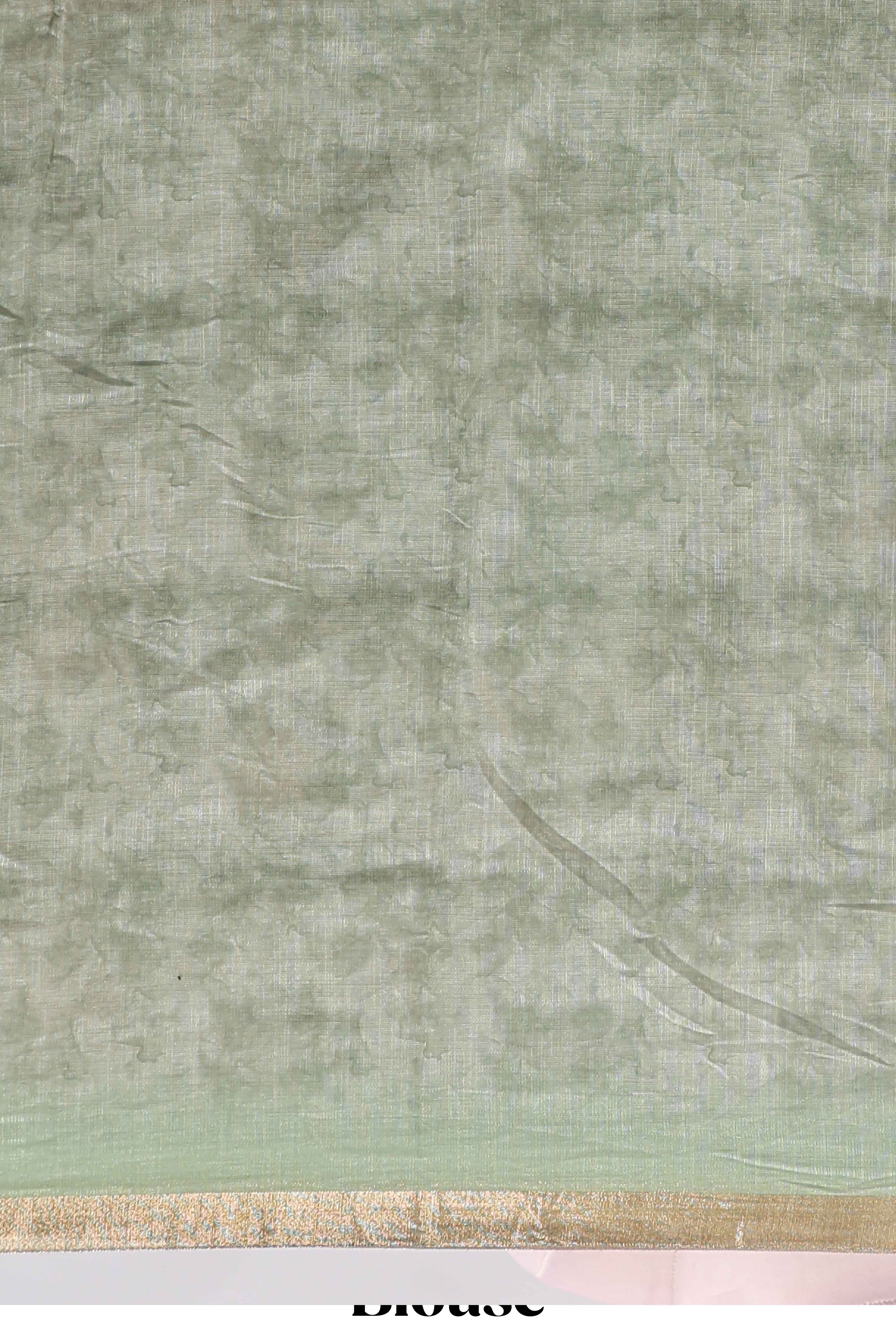 Green floral design linen cotton saree with self zari border and matching blouse