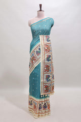 Turquoise blue checked geometric motifs linen cotton saree with contrast ikkat style border and blouse