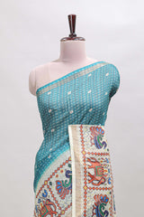 Turquoise blue checked geometric motifs linen cotton saree with contrast ikkat style border and blouse