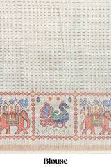 Turquoise blue checked geometric motifs linen cotton saree with contrast ikkat style border and blouse