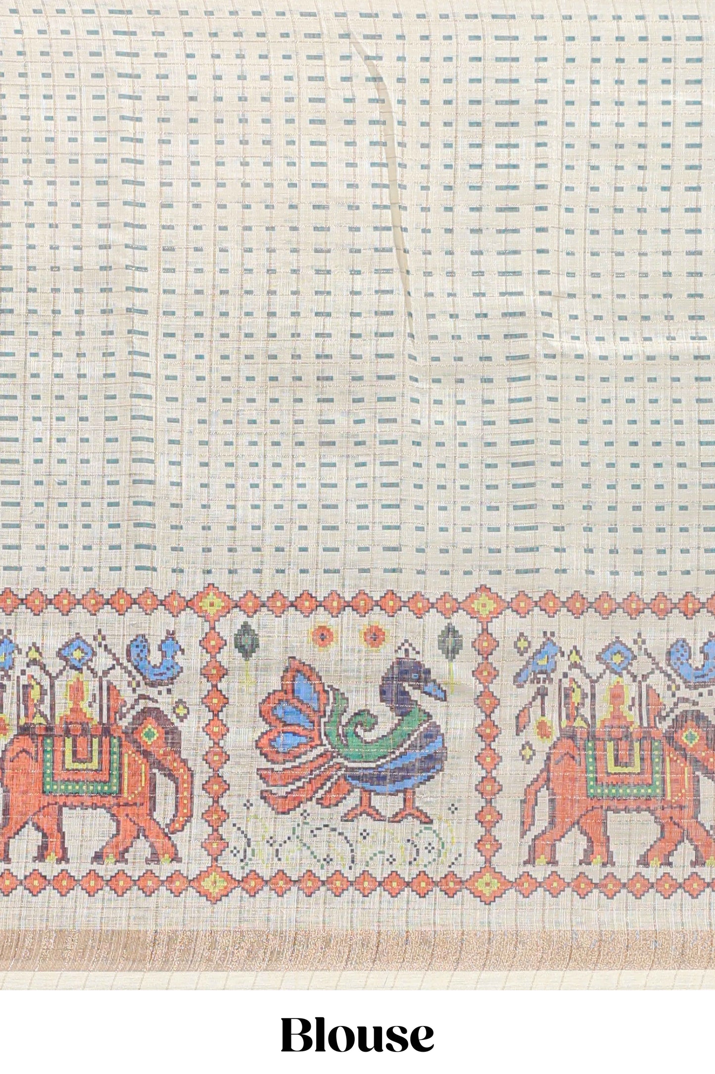 Turquoise blue checked geometric motifs linen cotton saree with contrast ikkat style border and blouse