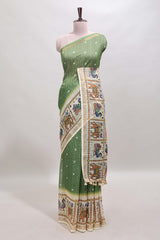 Green checked geometric motifs linen cotton saree with contrast ikkat style border and blouse