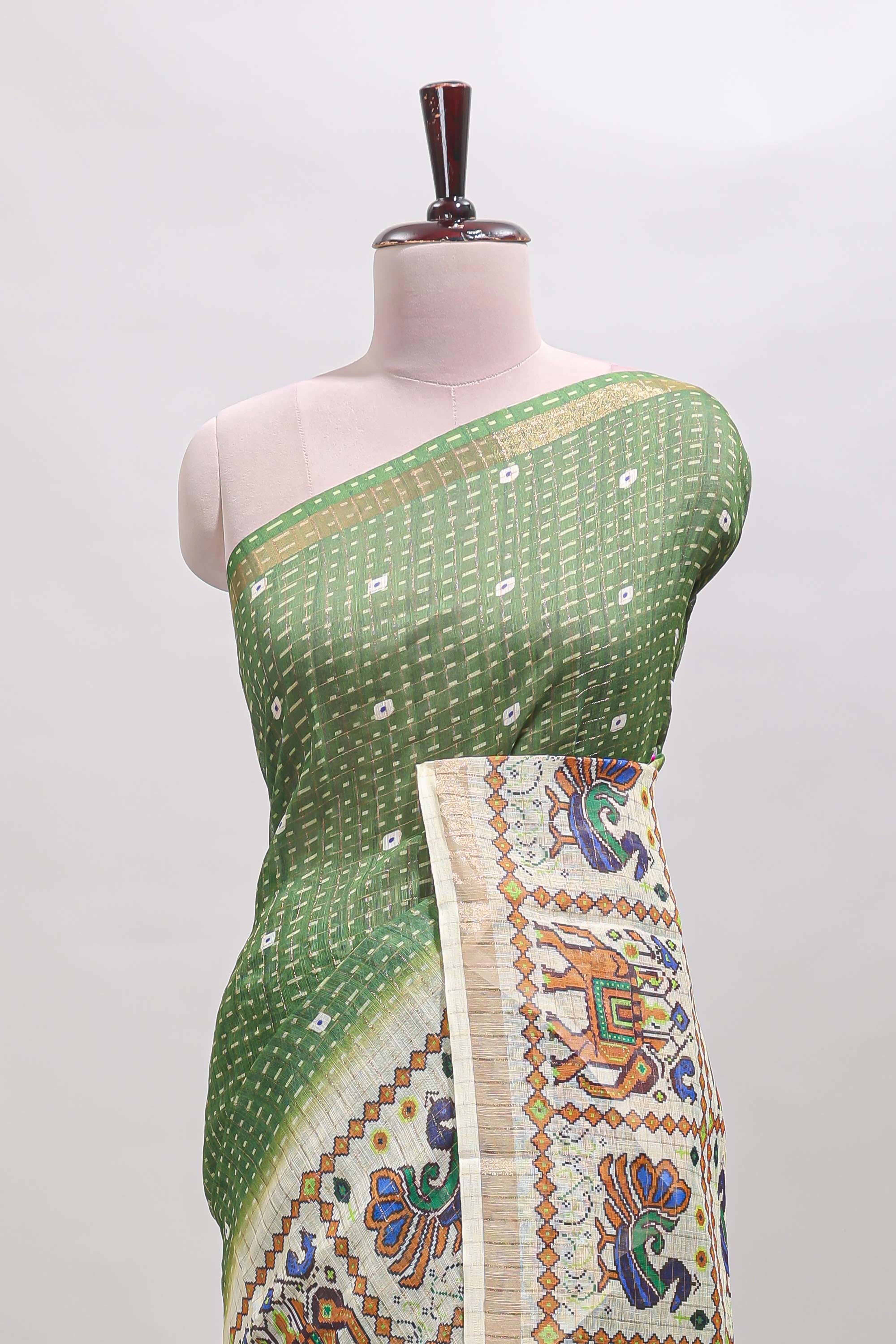 Green checked geometric motifs linen cotton saree with contrast ikkat style border and blouse