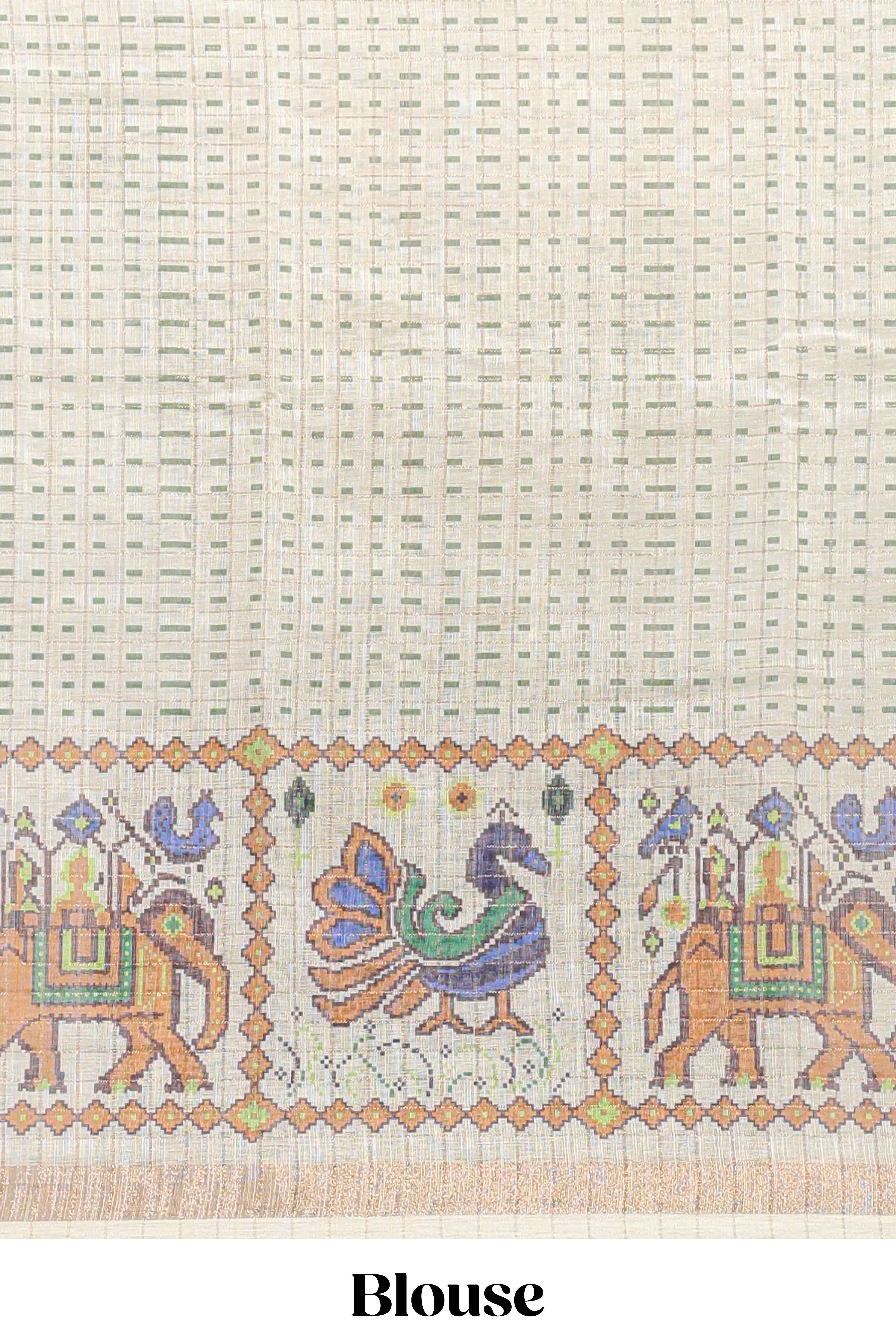 Green checked geometric motifs linen cotton saree with contrast ikkat style border and blouse