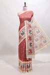 Maroon checked geometric motifs linen cotton saree with contrast ikkat style border and blouse