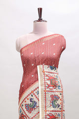 Maroon checked geometric motifs linen cotton saree with contrast ikkat style border and blouse