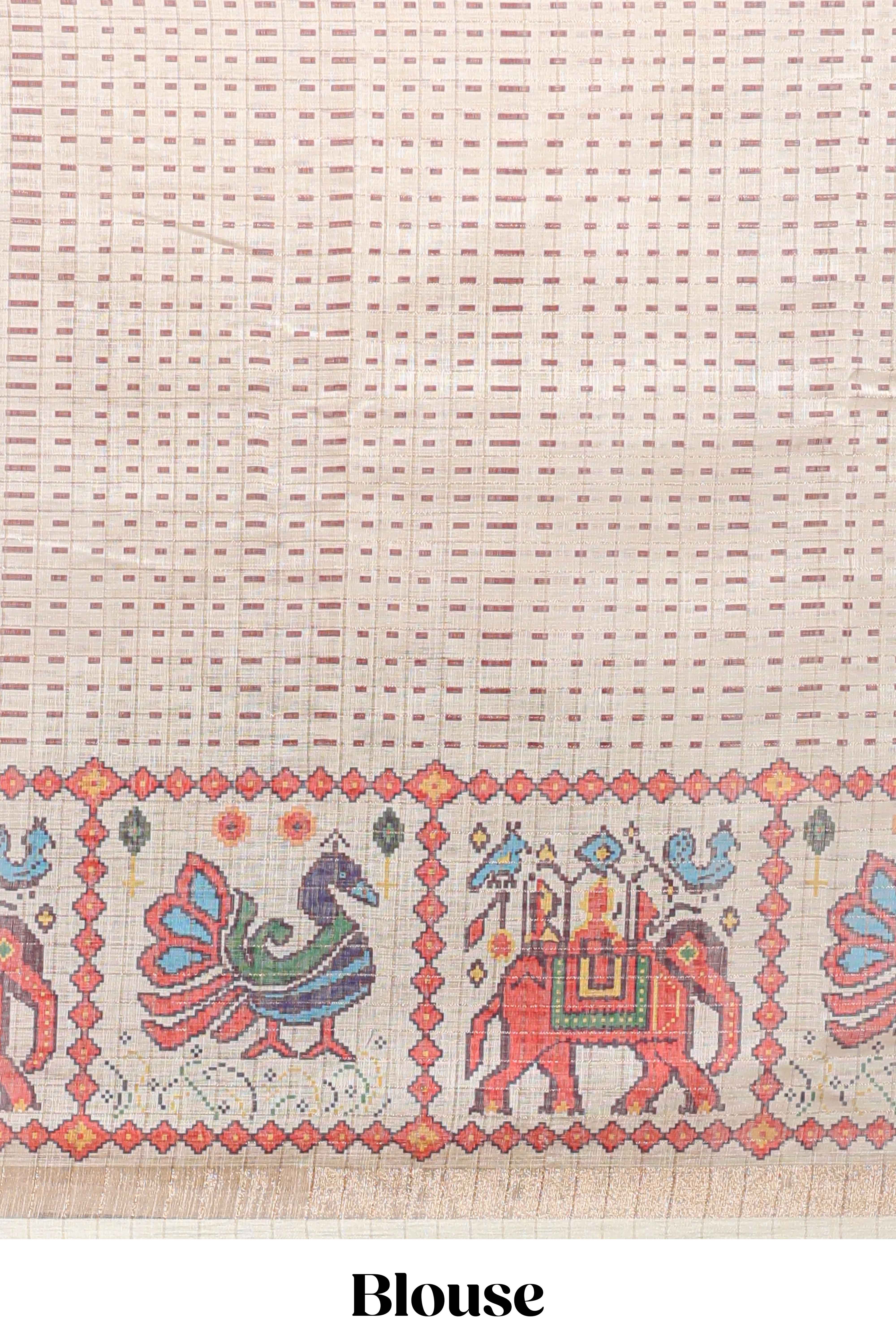 Maroon checked geometric motifs linen cotton saree with contrast ikkat style border and blouse
