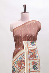 Brown checked geometric motifs linen cotton saree with contrast ikkat style border and blouse