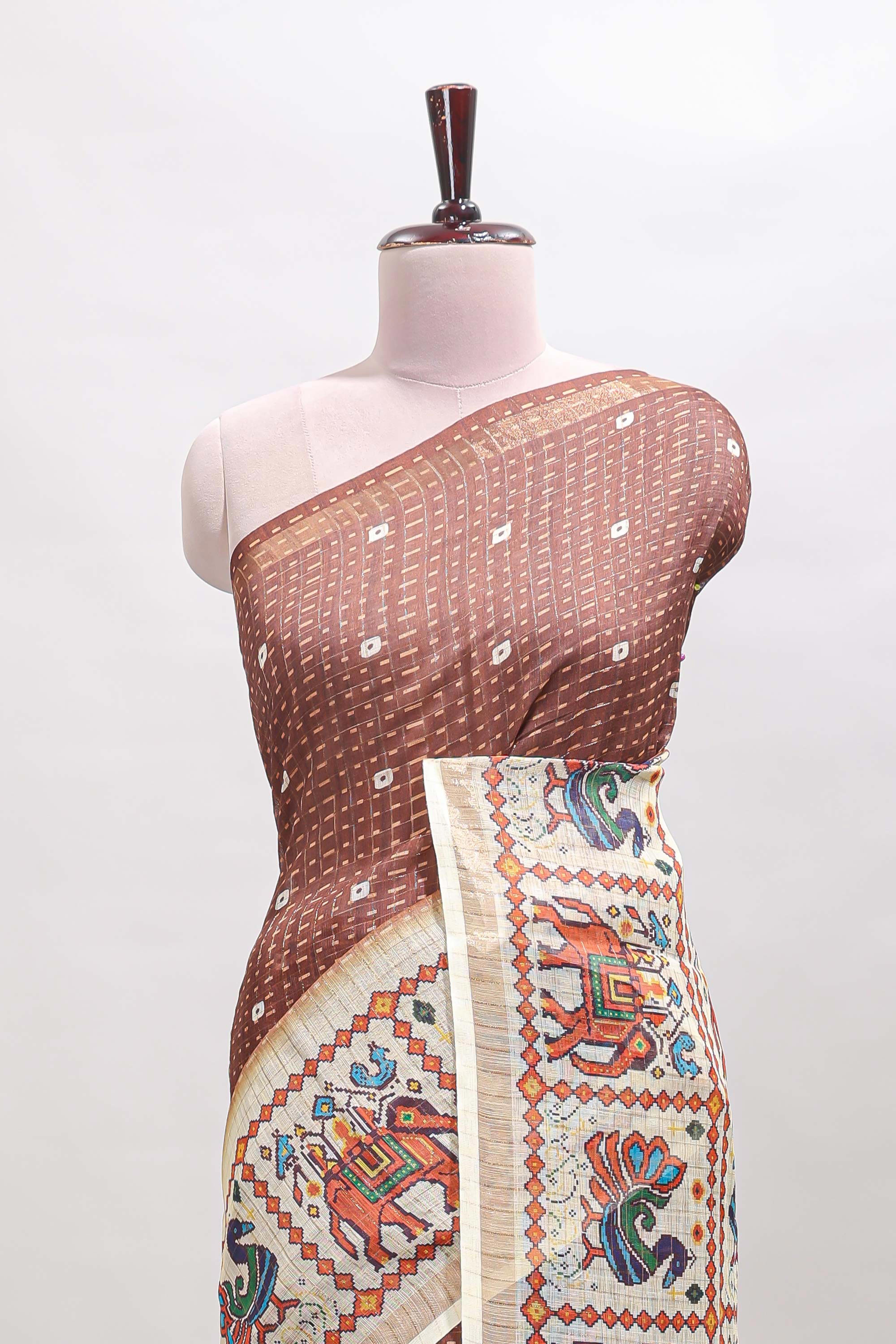 Brown checked geometric motifs linen cotton saree with contrast ikkat style border and blouse