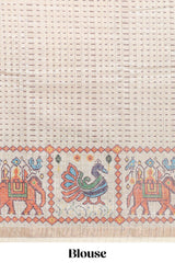 Brown checked geometric motifs linen cotton saree with contrast ikkat style border and blouse