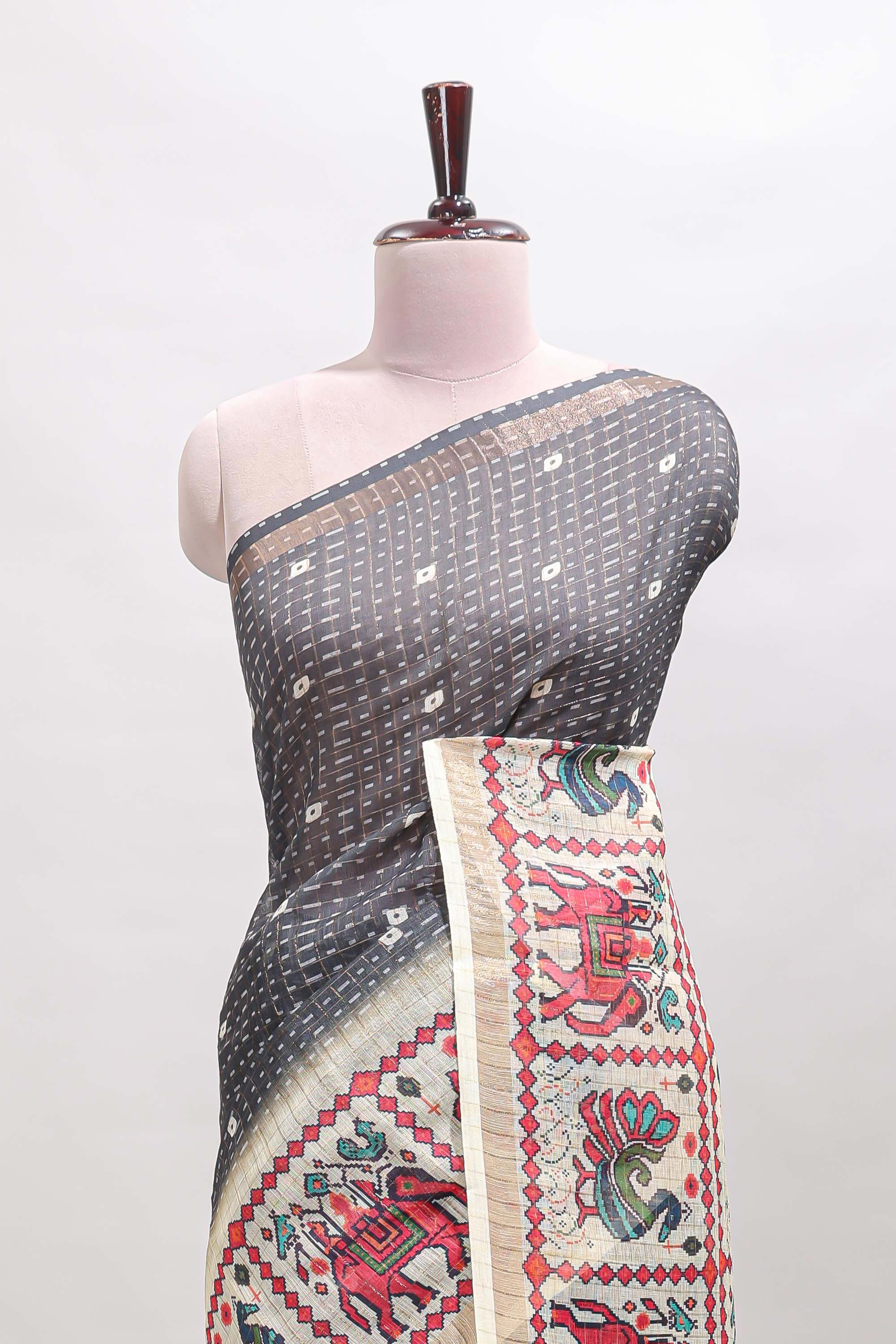Grey checked geometric motifs linen cotton saree with contrast ikkat style border and blouse