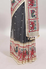 Grey checked geometric motifs linen cotton saree with contrast ikkat style border and blouse