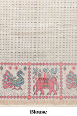 Grey checked geometric motifs linen cotton saree with contrast ikkat style border and blouse