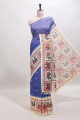 Blue checked geometric motifs linen cotton saree with contrast ikkat style border and blouse