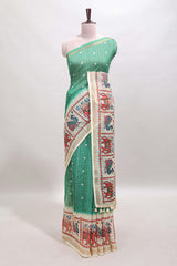 Green checked geometric motifs linen cotton saree with contrast ikkat style border and blouse