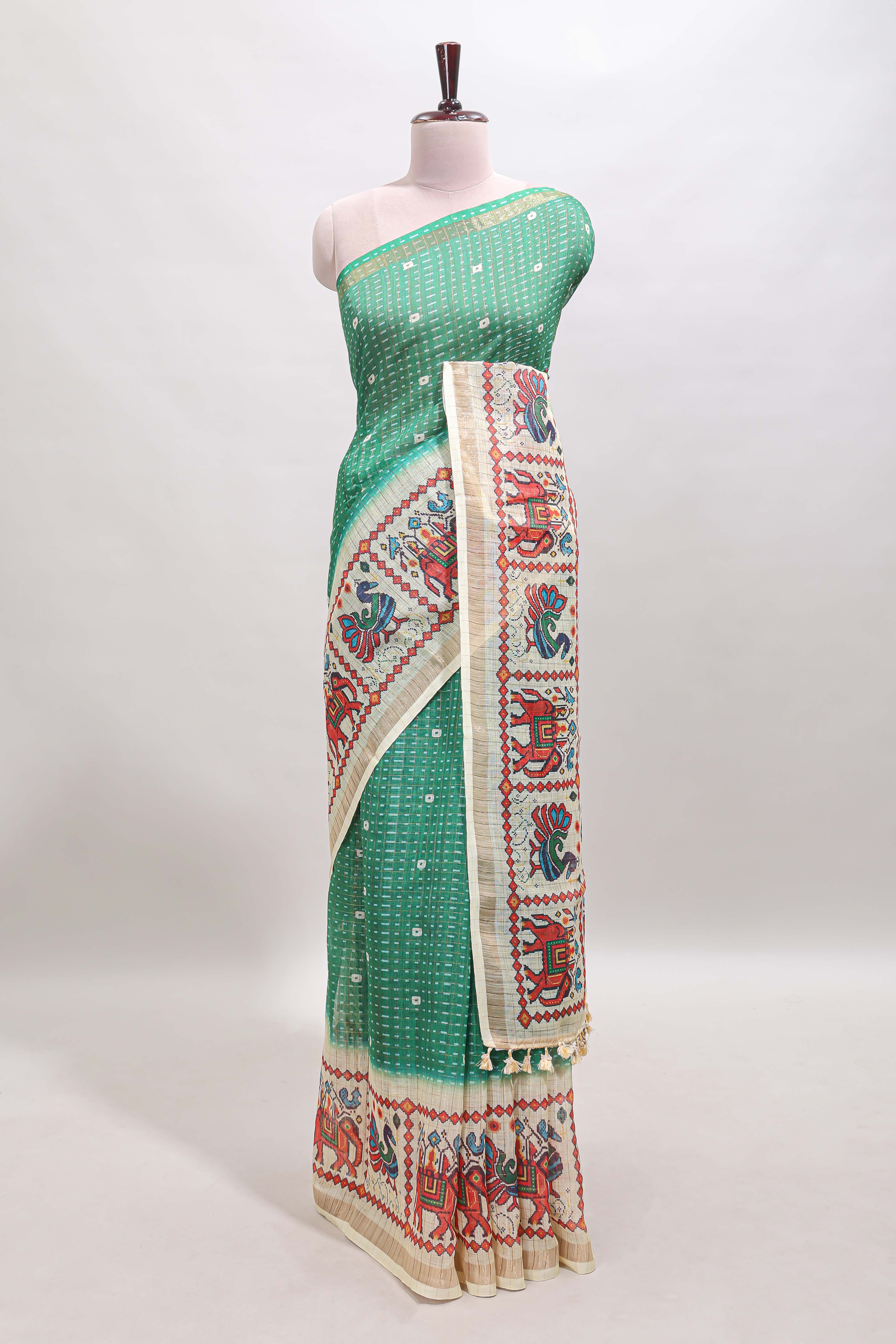 Green checked geometric motifs linen cotton saree with contrast ikkat style border and blouse
