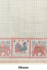 Green checked geometric motifs linen cotton saree with contrast ikkat style border and blouse