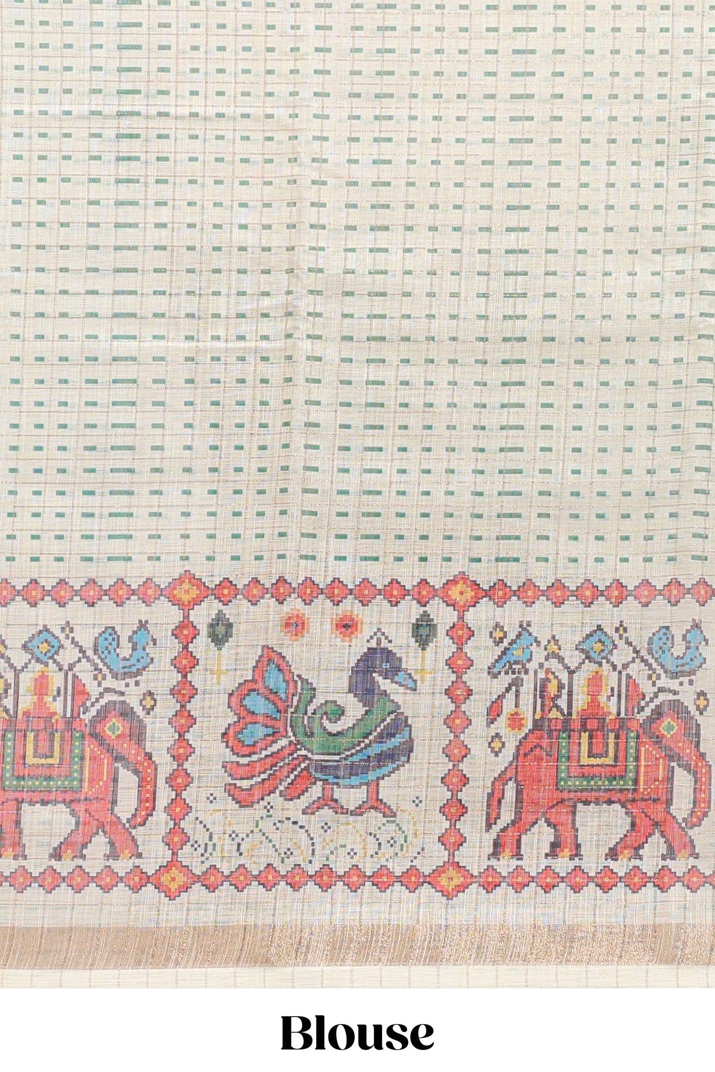 Green checked geometric motifs linen cotton saree with contrast ikkat style border and blouse