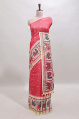 Pink checked geometric motifs linen cotton saree with contrast ikkat style border and blouse