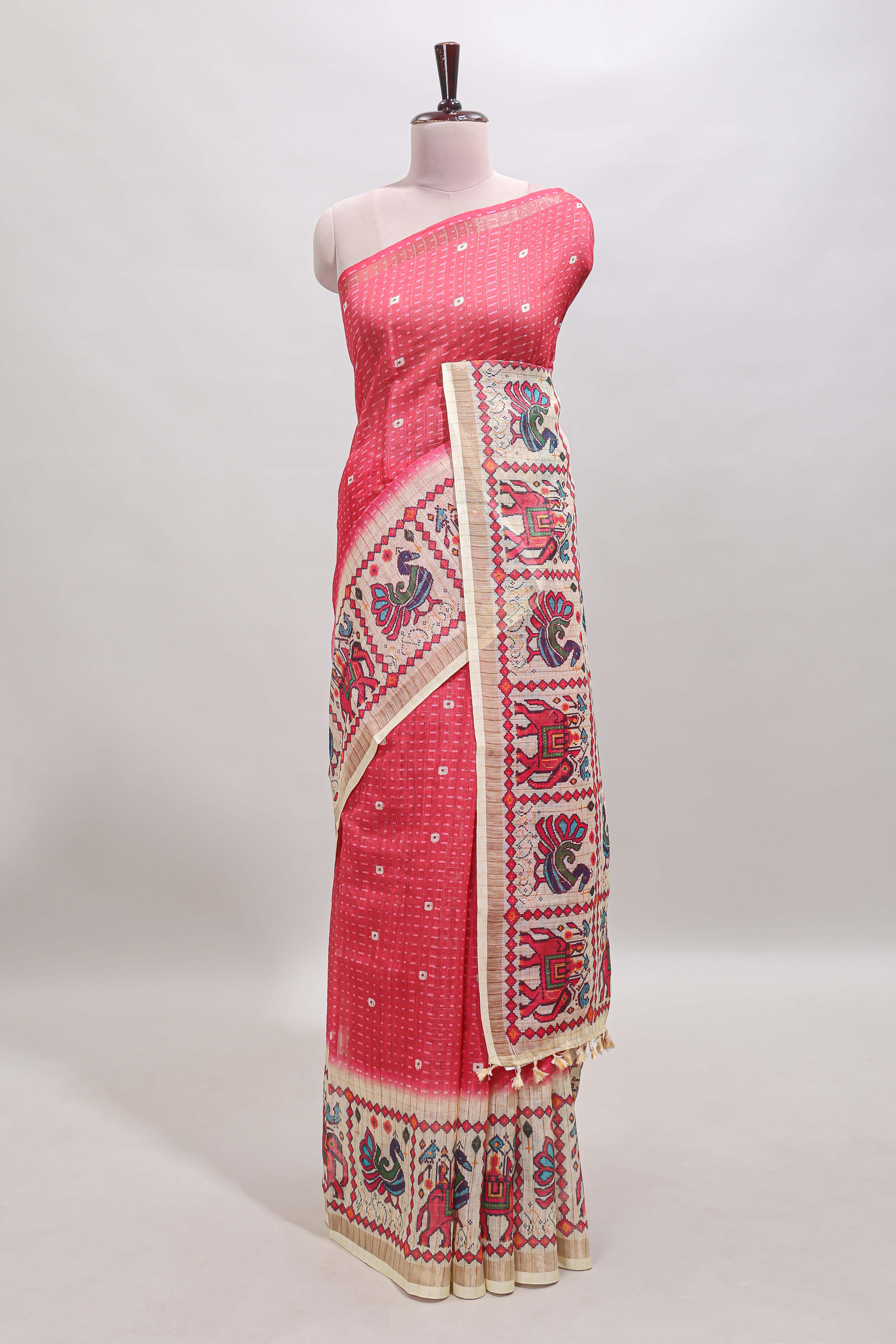 Pink checked geometric motifs linen cotton saree with contrast ikkat style border and blouse