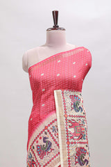 Pink checked geometric motifs linen cotton saree with contrast ikkat style border and blouse