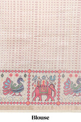 Pink checked geometric motifs linen cotton saree with contrast ikkat style border and blouse