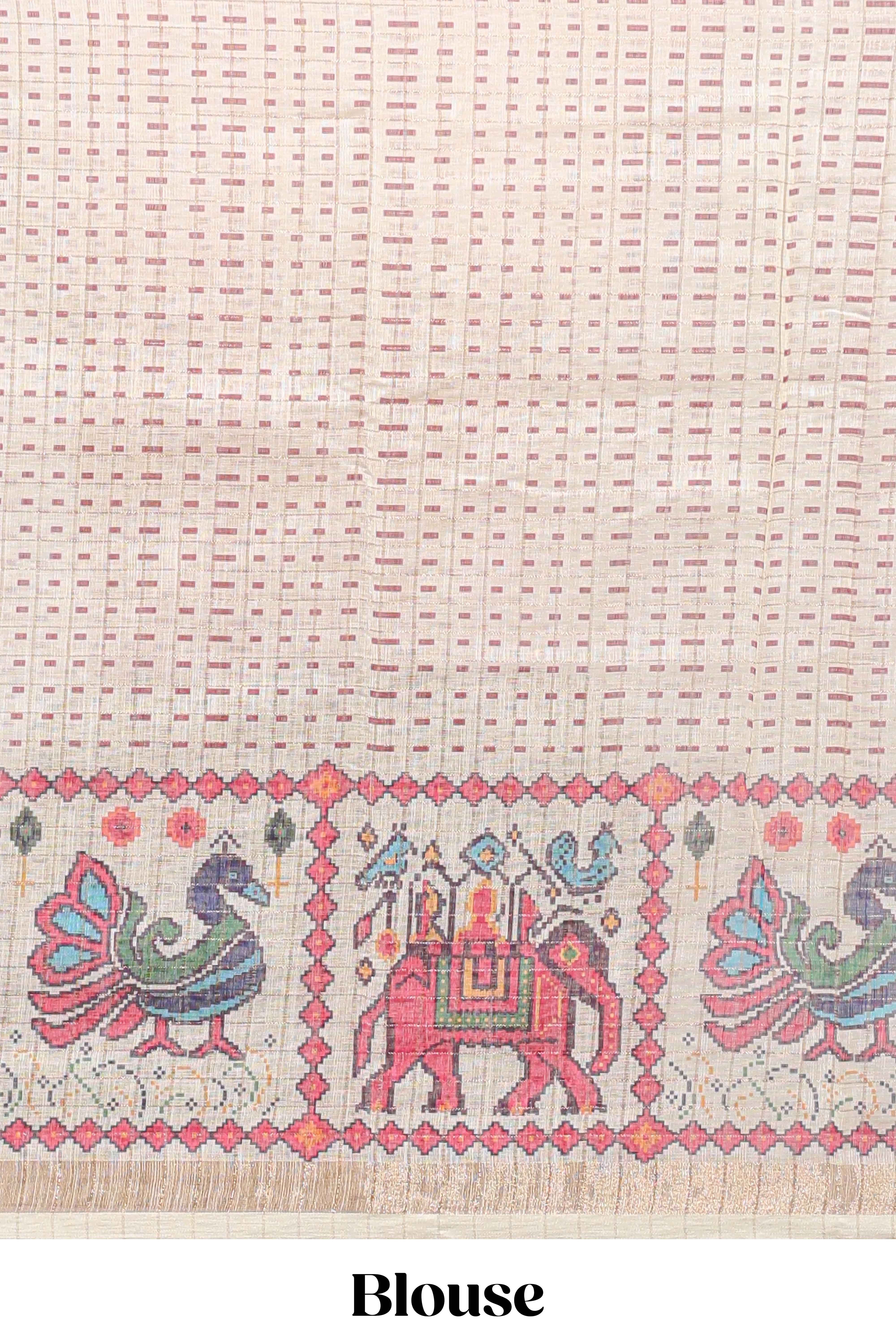 Pink checked geometric motifs linen cotton saree with contrast ikkat style border and blouse