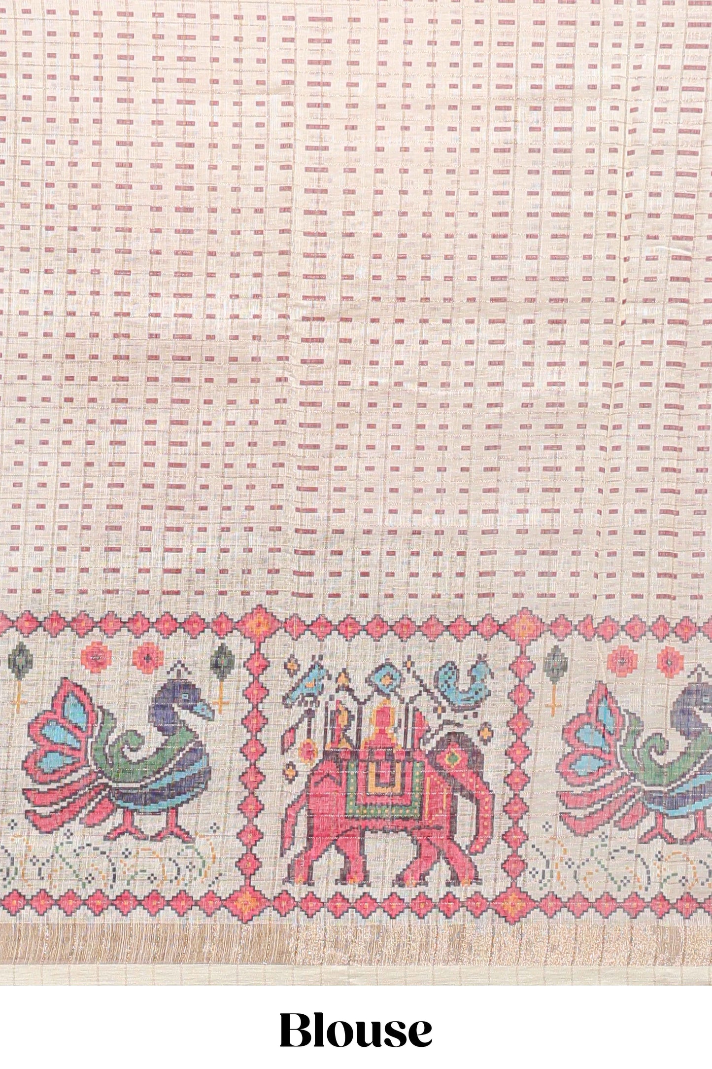 Pink checked geometric motifs linen cotton saree with contrast ikkat style border and blouse