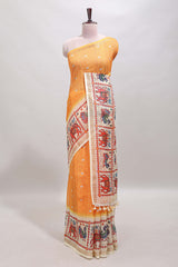 Yellow checked geometric motifs linen cotton saree with contrast ikkat style border and blouse
