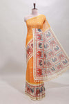 Yellow checked geometric motifs linen cotton saree with contrast ikkat style border and blouse