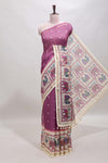 Purple checked geometric motifs linen cotton saree with contrast ikkat style border and blouse