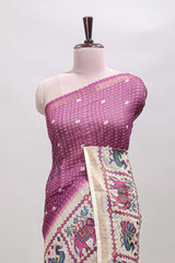 Purple checked geometric motifs linen cotton saree with contrast ikkat style border and blouse