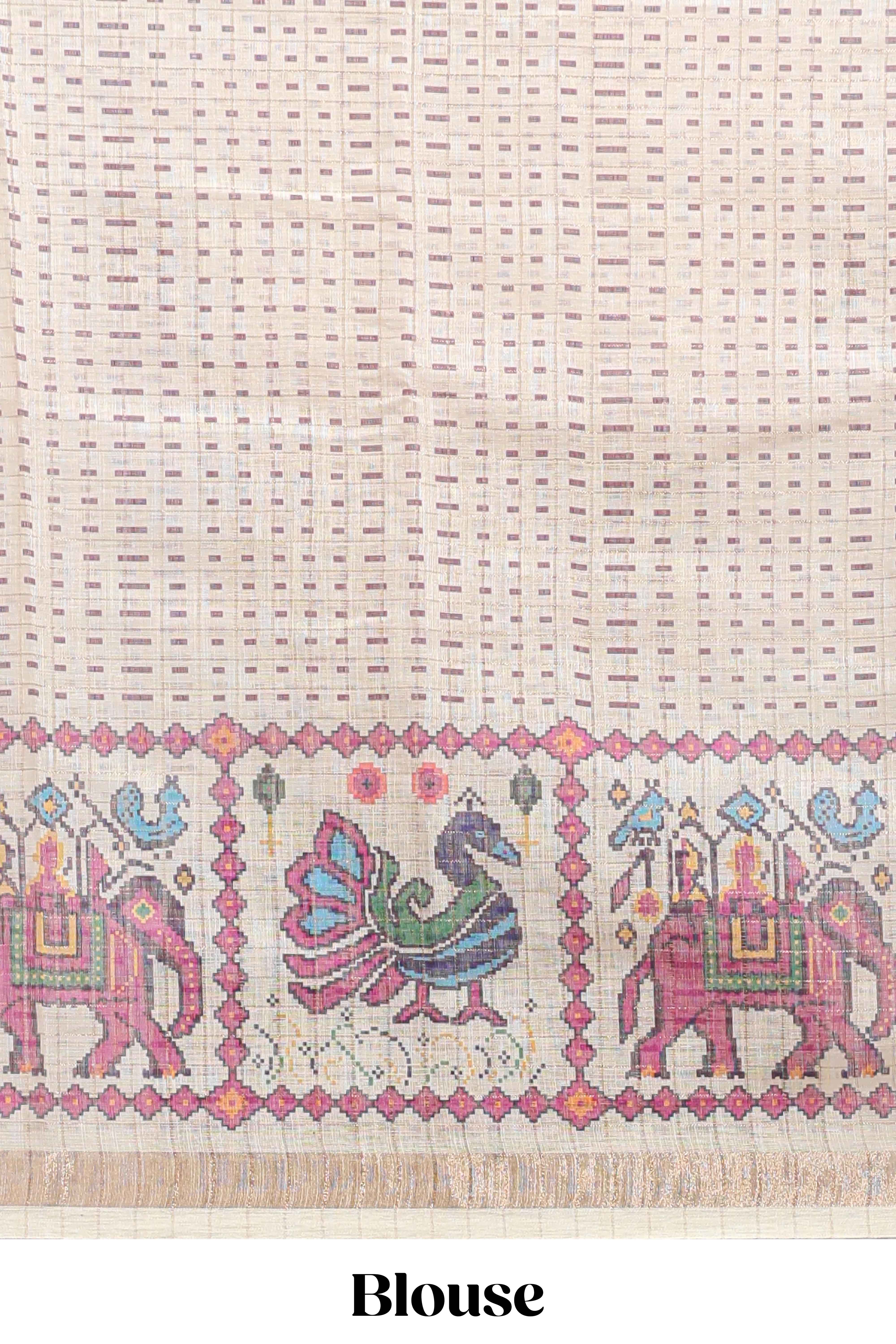 Purple checked geometric motifs linen cotton saree with contrast ikkat style border and blouse