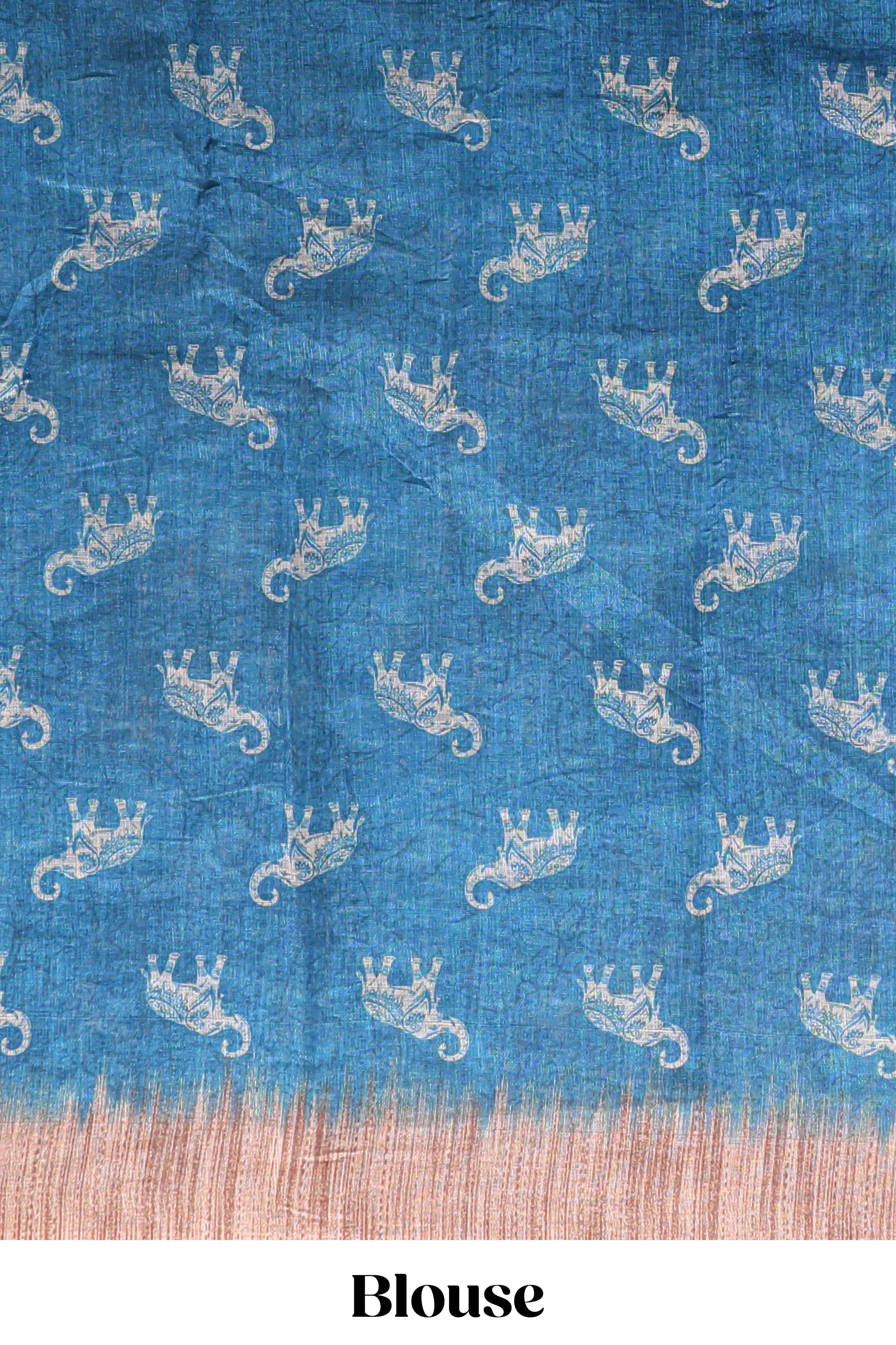 Blue floral & elephant motifs linen cotton with contrast border and matching blouse