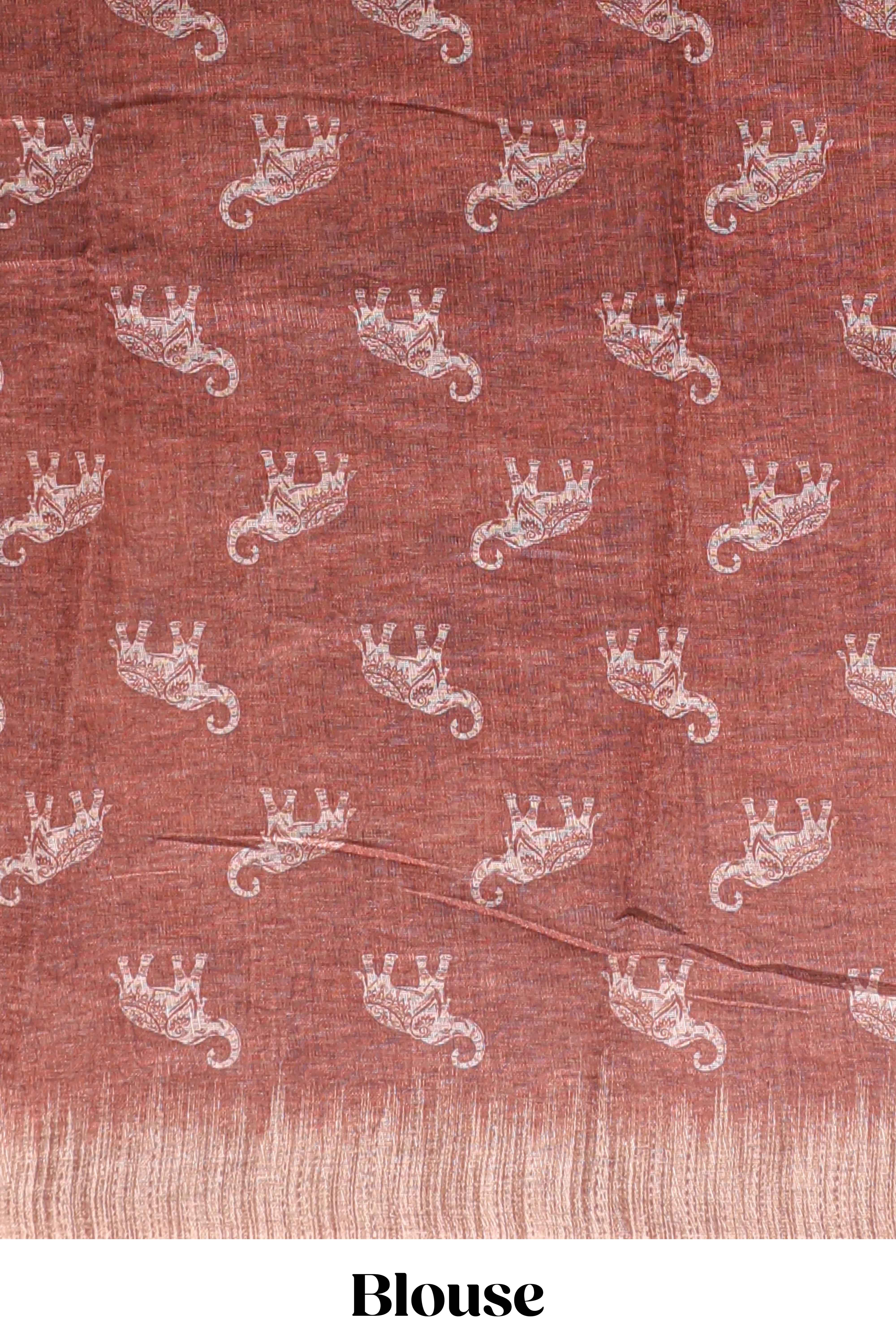 Brown floral & elephant motifs linen cotton with contrast border and matching blouse