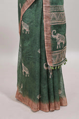 Green floral & elephant motifs linen cotton with contrast border and matching blouse