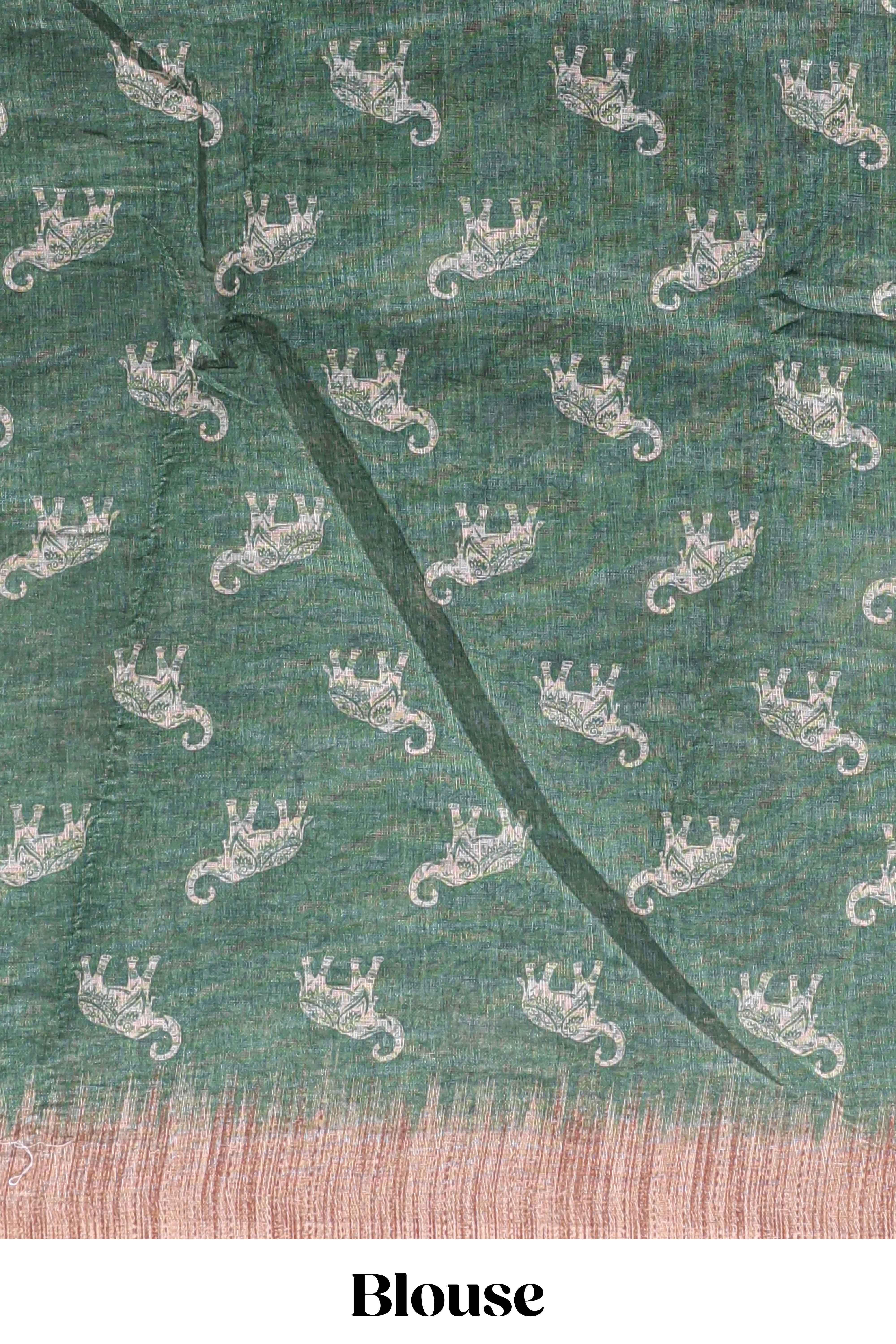 Green floral & elephant motifs linen cotton with contrast border and matching blouse