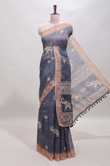 Grey floral & elephant motifs linen cotton with contrast border and matching blouse